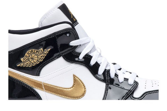 Jordan 1 Mid Patent Black White Gold