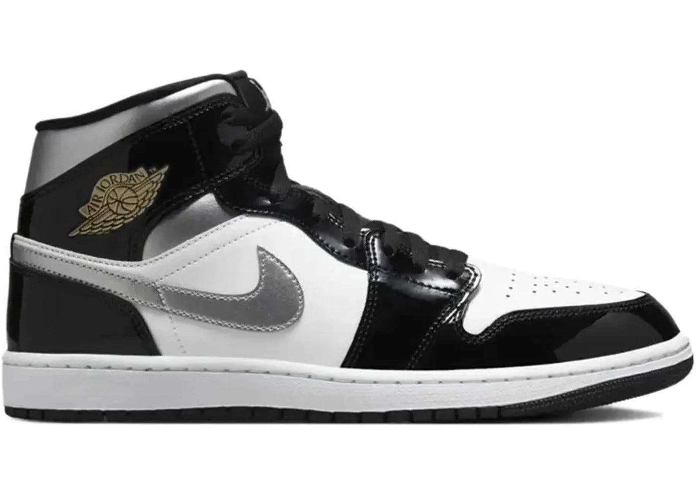 Jordan 1 Mid SE Patent Black White Metallic Silver Metallic Gold