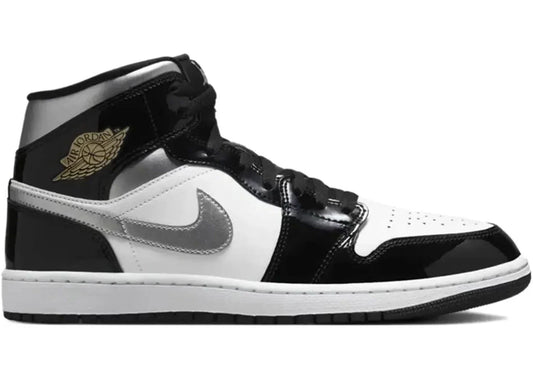 Jordan 1 Mid SE Patent Black White Metallic Silver Metallic Gold