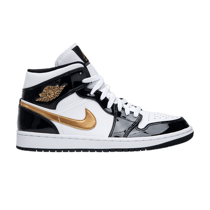 Jordan 1 Mid Patent Black White Gold