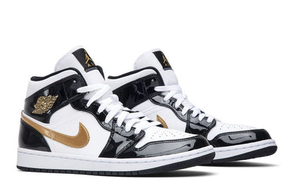Jordan 1 Mid Patent Black White Gold