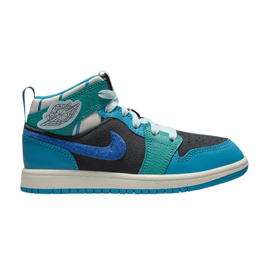 Jordan 1 Mid Sneaker School Anthracite Aquatone New Emerald Glacier Blue (PS)